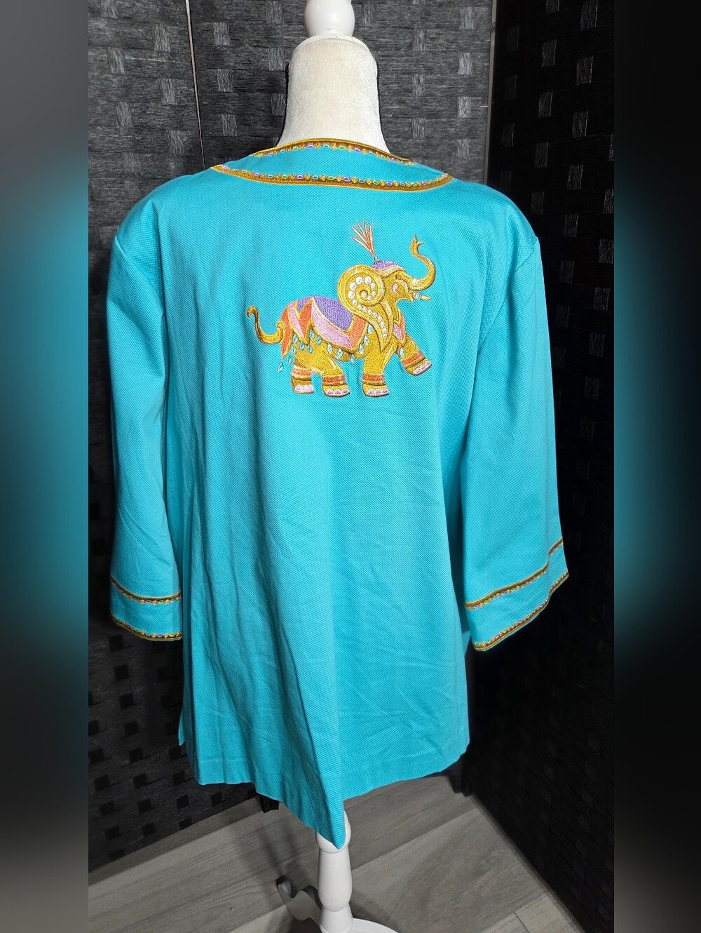 Vintage Bob Mackie Wearable Art Turquoise Elephant Embroidered Jacket - Picture 8 of 16